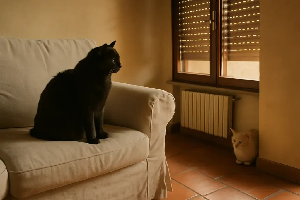 Caccia al convivente: quando un gatto “punta” l’altro ogni giorno