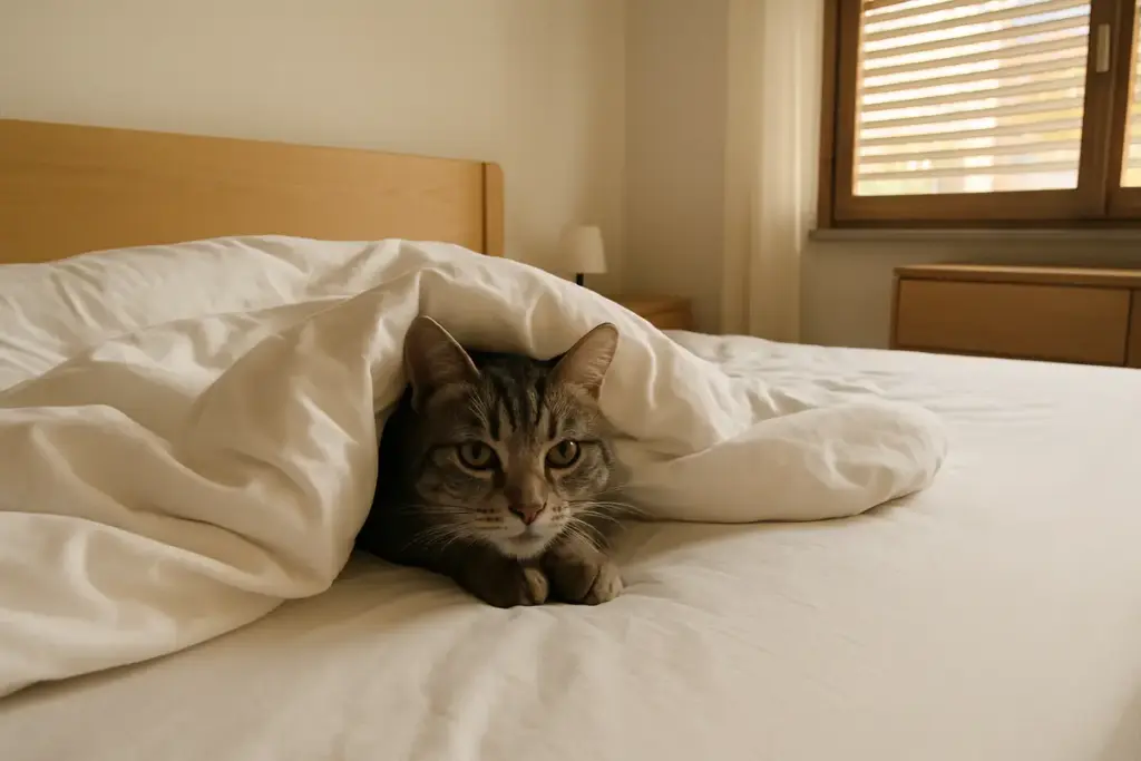 Il gatto si infila sotto le coperte: cosa cerca davvero (e quando preoccuparsi)