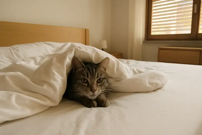 Il gatto si infila sotto le coperte: cosa cerca davvero (e quando preoccuparsi)