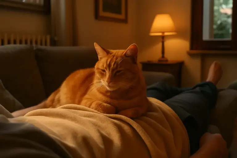 Il tuo gatto dorme sulla tua pancia: cosa misura davvero in quel momento